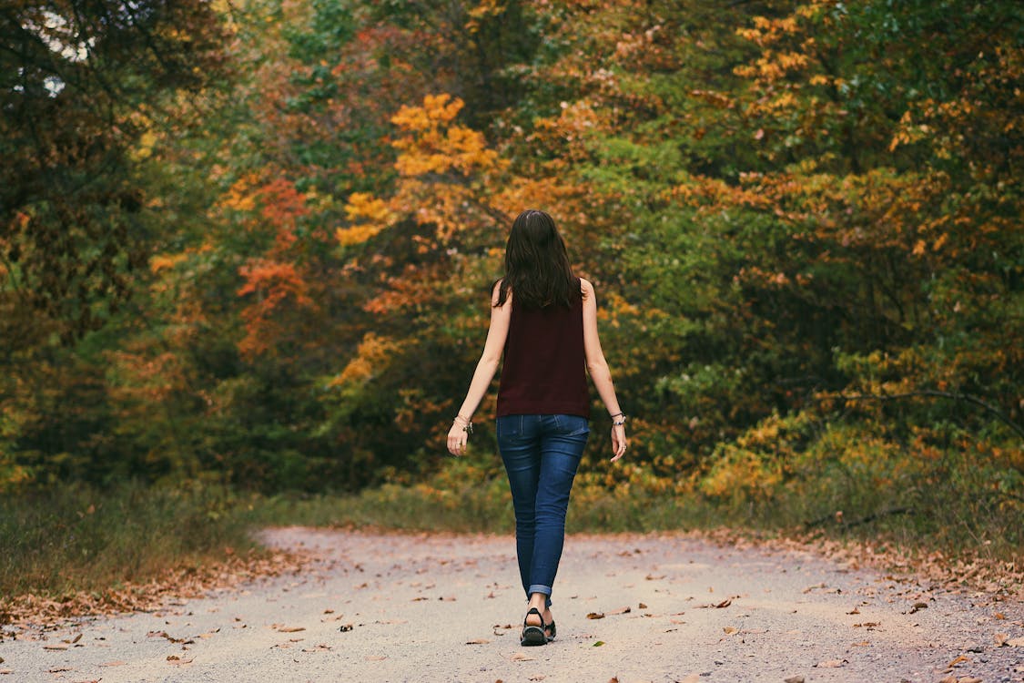 Pexels kép: Egy lány hátulról látható, leengedett karokkal sétál az erdőben. 