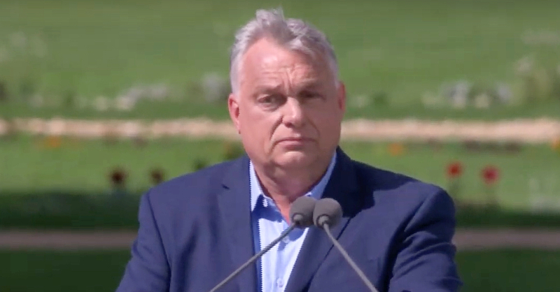 Orbán Viktor békemeneten tart beszédet két mikrofon előtt világoskék ingben, nyakkendő nélül, sötét zakóban, háttérben füves mező látható.