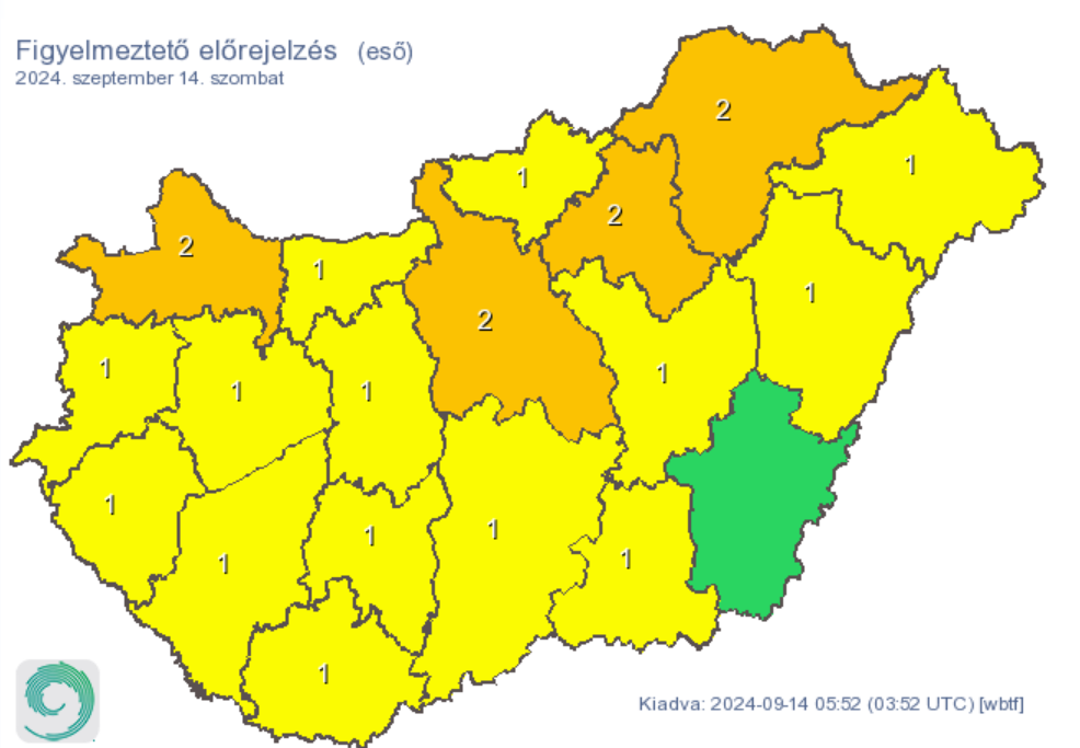 A Hungaromet több megyére naranccsárga riasztás kiadását rendelte el szombatra.